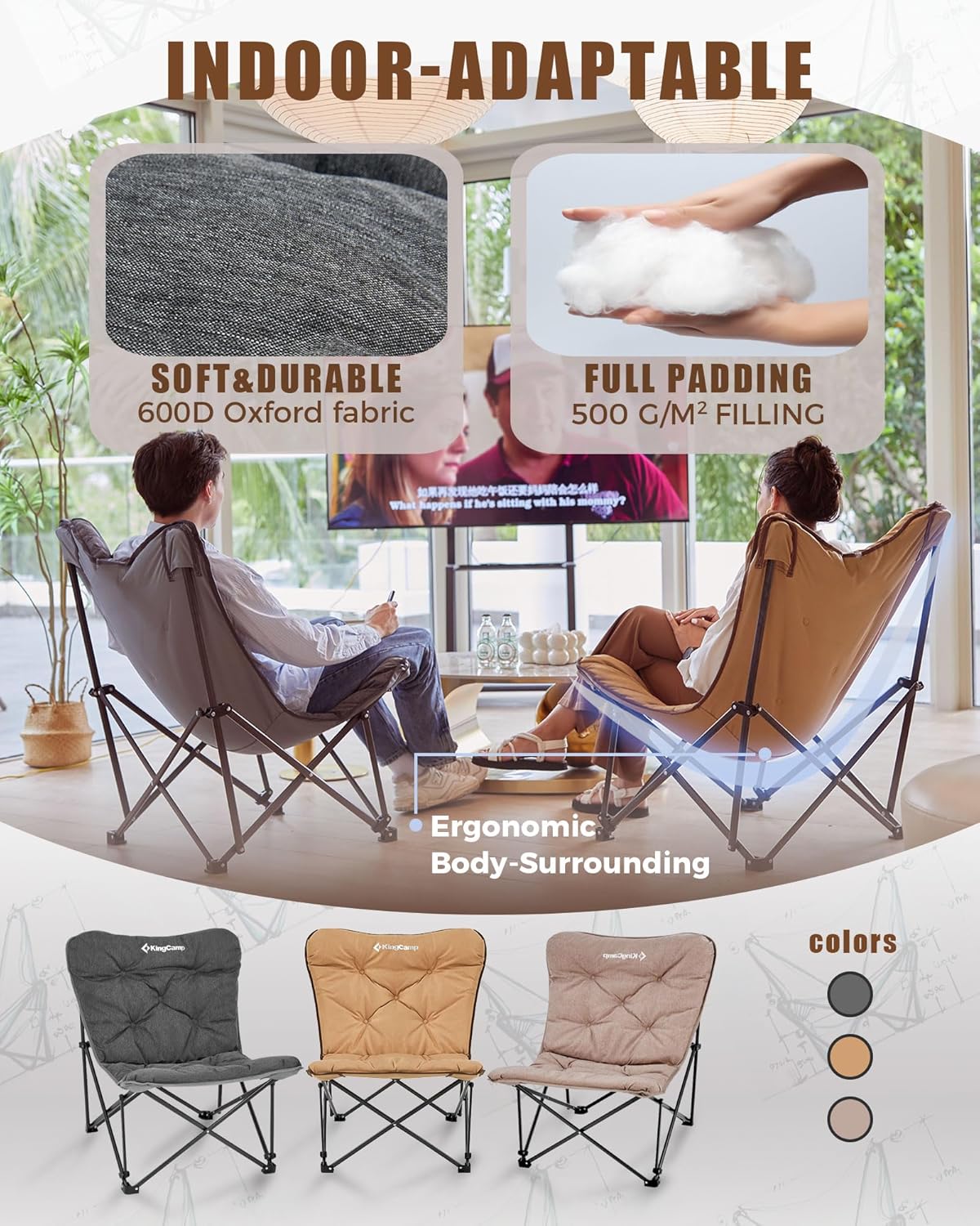 KingCamp Butterfly Chair Oversized XL Camping Chairs for Adults Padded Folding Comfy Camp Chairs 300lbs Heavy Duty with High Back for Bedroom Living Room Dorm Rooms Outdoor Patio Lawn - Image 5