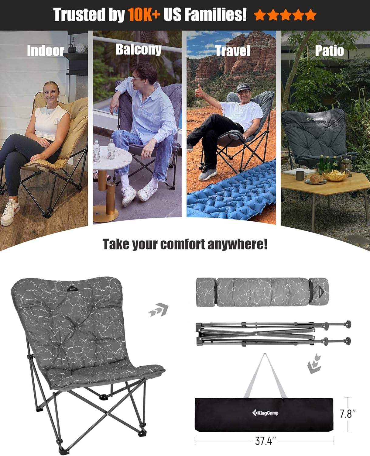 KingCamp Butterfly Chair Oversized XL Camping Chairs for Adults Padded Folding Comfy Camp Chairs 300lbs Heavy Duty with High Back for Bedroom Living Room Dorm Rooms Outdoor Patio Lawn - Image 6