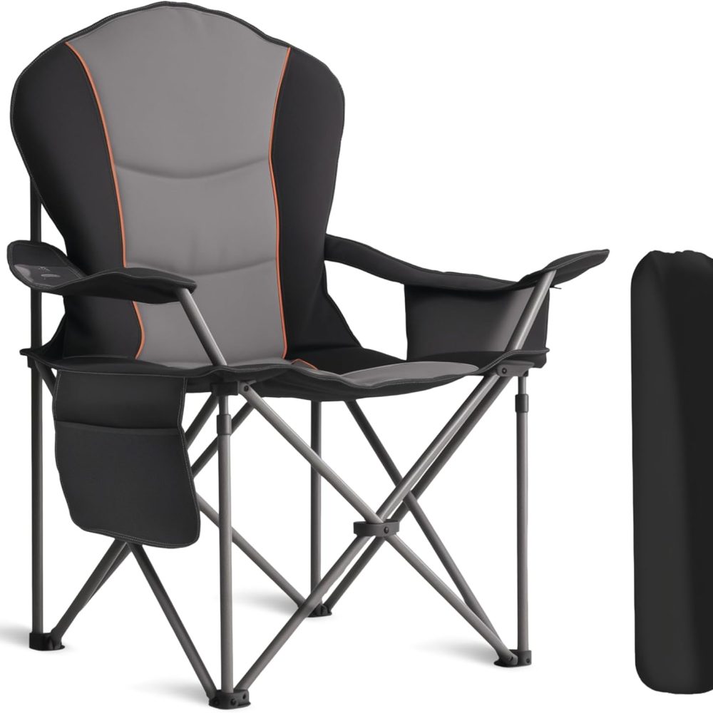 Oversized Camping Chair Heavy Duty 500LB - Portable Folding Chair with Cooler Bag, Cup Holder & Waterproof Phone Case for Adults, Beach, Hiking, Backyard (Black & Gray)